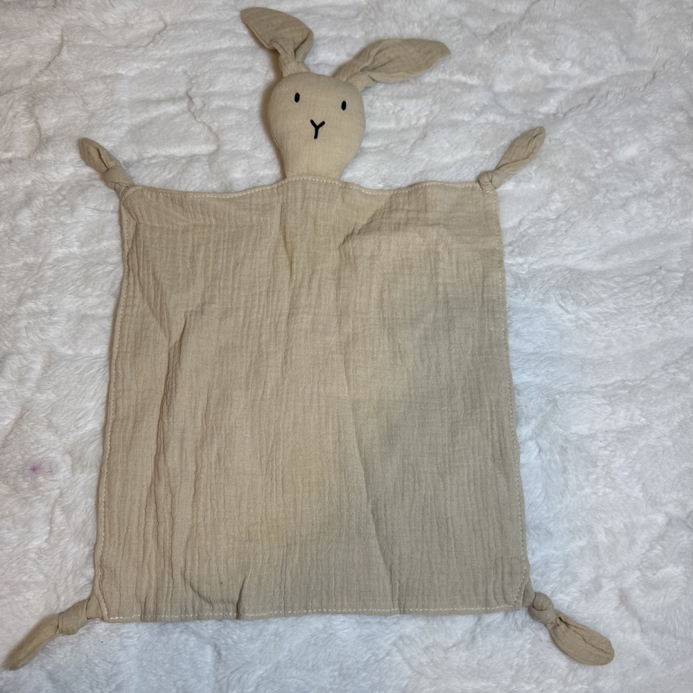 Soft Cotton Muslin Bunny Rabbit Lovey (Natural) Embroidered Eyes Security